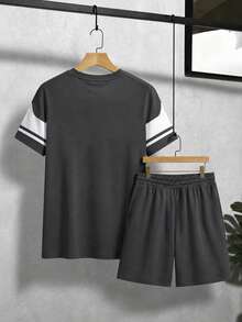 Manfinity Roughcore Men's Classic Colorblock New York Letter Print T-Shirt And Shorts Set, Holiday - Multicolor - View 3
