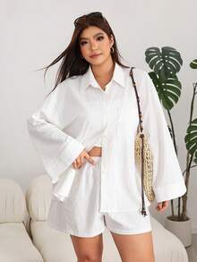 Solflare Conjunto de 2 piezas de camisa de manga larga y pantalones cortos casuales de talla grande para mujer en color blanco - Blanco - Ver 3
