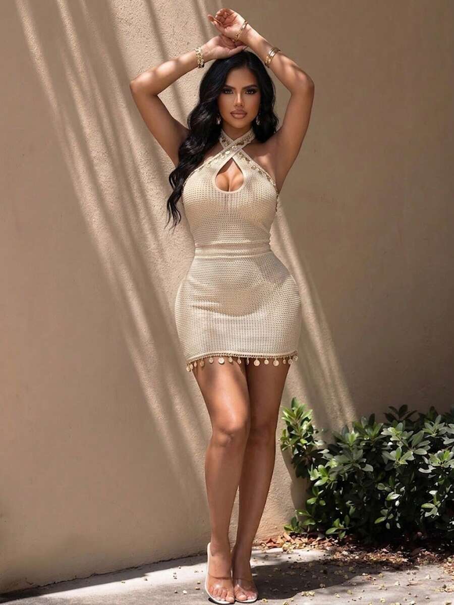 SOLERSUN Women's Elegant Beige Summer Holiday Vacation Holiday Mini Dress,Halter Neck Tie-Back Soft Knit Mesh,Old Money Aesthetic Shell Ruched Detailing