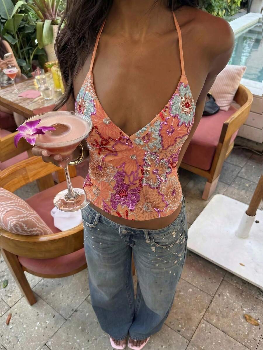 Glamine 女款綠色亮片刺繡細肩帶露背吊帶背心上衣,時尚性感度假上衣,亮片刺繡上衣 - 橘色 - 查看 1