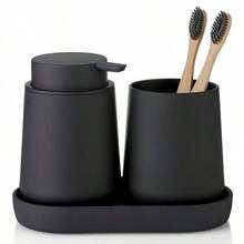 3 PiecesBathroom Accessory Set, Soap Dispenser, Toothbrush Holder, Tray, Modern Minimalist Decor For Bathroom Countertop Organization - Black - View 7