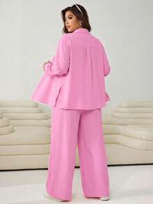 SHEIN EZwear 大尺碼女款素色單排扣長袖襯衫與長褲休閒日常套裝 - 淺粉色 - 查看 2