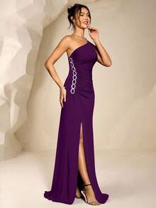 Coutiva Rhinestone Asymmetric Neckline Thigh-High Slit Wrap Dress - Purple - View 5