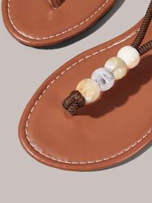 Styleloop Sandal Datar Wanita, Gaya Bohemian, Liburan Pantai, Gaya Barat, Pakaian Musim Panas, Perlengkapan Perjalanan - Coklat + manik-manik - View 4