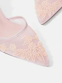CUCCOO HITCHD 夏季新款刺繡蕾絲亮片尖頭紅酒杯高跟鞋 優雅浪漫網布女款高跟鞋 穆勒鞋 新娘鞋 約會優雅穿搭 - 淺粉色 - 查看 5