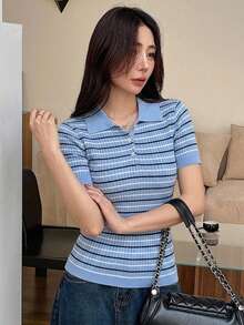 DAZY Women's Striped Color Block Casual Versatile Daily Knit Short Sleeve Top - Sky Blue - View 2
