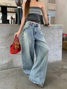 DAZY Celana Jeans Wanita Model Lurus Longgar dengan Hiasan Rhinestone dan Payet, Atasan Lucu untuk Sehari-hari, Jalan-jalan, Warna Biru Muda, Streetwear Kasual Musim Panas - Light Wash - View 2