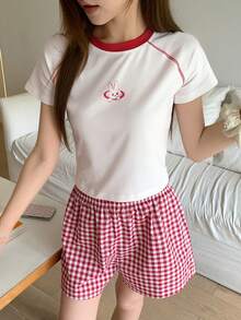 DAZY 女士卡通印花插肩袖T恤和格子短裤睡衣套装 夏季 - 白色 - 查看 7