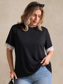 Elegantrix Women's Plus Size Spring/Summer Elegant French Casual Hollow Back Design Contrast Color Lace Trim Loose Round Neck T-Shirt - Black - View 5