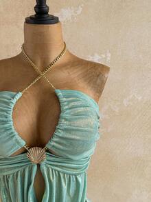 Soleia Set da donna da vacanza con texture metallica, top halter plissettato e gonna, sexy due pezzi - Verde - Visualizzare 3