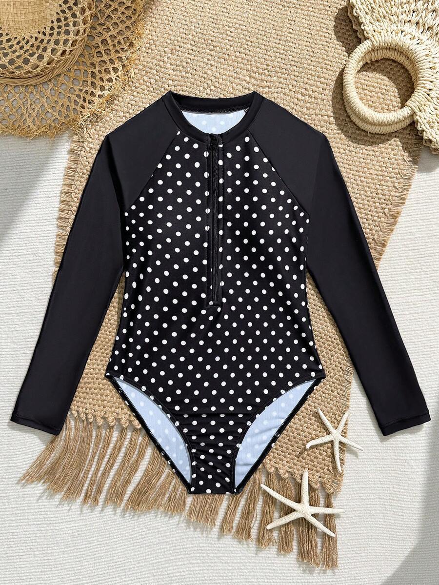 SHEIN 青少年女孩圓點印花前開拉鍊長袖圓領連身泳衣 - 黑與白 - 查看 1
