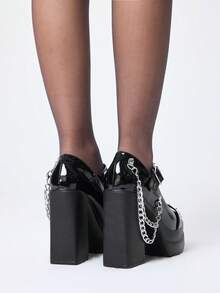 ROMWE Grunge Punk Women's Fashion Sexy Platform High Heels Shoes Punk Gothic Street Style Word With Rivet Inlay With Bimetal Chain Decorative Design Festival - Black - View 5