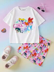 THE POWERPUFF GIRLS X SHEIN Tween Girl Colorful Letter Print Round Neck Short Sleeve T-Shirt And Skinny Shorts Set, - White - View 1