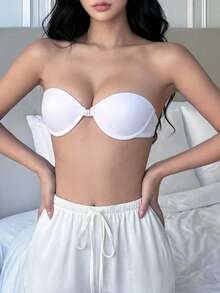 Napfluff 1 pieza Sujetador tipo bandeau sin costuras y sin aros de unicolor y cómodo para mujer - Blanco - Ver 3