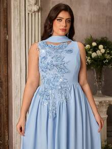 Aureia Vestido de noche elegante y romántico de talla grande, azul con lentejuelas, bordado, técnica de quemado, cuello redondo, sin mangas, cintura acampanada, bajo fruncido y holgado, adecuado para fiesta de noche, cita, baile, vacaciones, invitada de boda, vestido de gala con trabajo pesado - Celeste - Ver 11