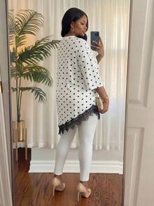 SHEIN Lady Chic Polka Dot Short Sleeve Tunic Top With Black Lace Detail And Irregular Hem - Black and White - View 2