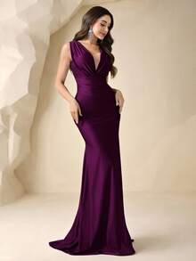 Coutiva Deep V Neck Ruched Fishtail Evening Gown,Women's High Waist Formal Party Dress,Elegant Heavy Embroidery Rhinestone Bridesmaid Dress - Purple - View 7