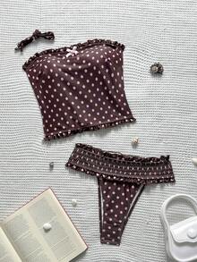 Swim Mod Women's Polka Dot Bow Decor Halter Tankini And Triangle Tankini Bottom Two-Piece Swimsuit Set, Suitable For Summer Vacation And Beach Cute - Multicolor - View 3