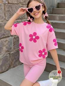 SHEIN Tween Mädchen Tank Tops & Camis Lässig Mode Locker T-Shirt & Eng Biker Shorts 2-Teiler Set, geeignet für den täglichen Gebrauch, Schulanfang, Familientreffen - Pink - Übersicht 3