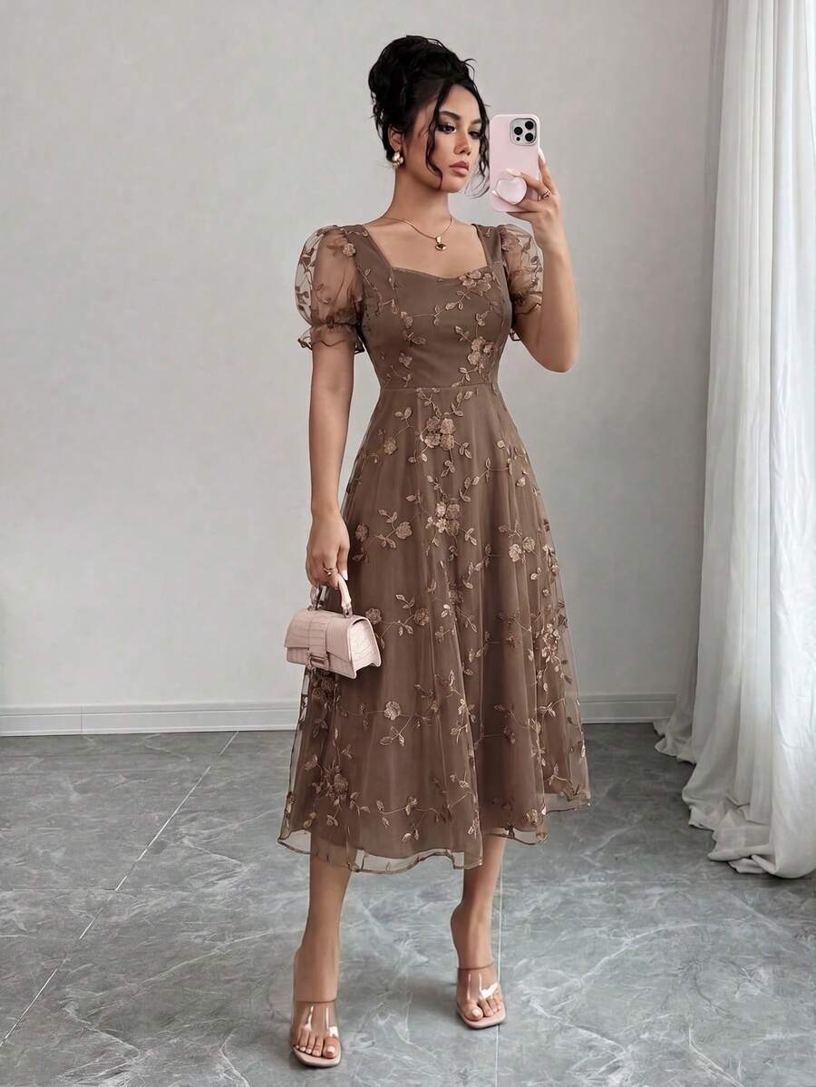 Rafferiza Women's Floral Applique Puff Sleeve Mesh Square Neck A-Line Dress