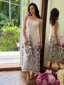 DAZY Women's Cinched Waist Floral Print Long Dress, Summer Home Wear Dress Pajamas - White - View 4