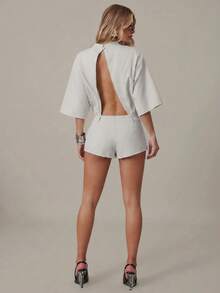 Hauture Women's Exaggerated Shoulder Short Sleeve Open Back Short Romper Old Money Style - White - View 5