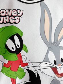 LOONEY TUNES X SHEIN Áo nỉ cổ tròn họa tiết hoạt hình phối màu phong cách thường ngày cho bé trai, thích hợp cho mùa thu. - trắng - Xem 4