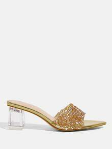 CUCCOO TILAWA Transparent Asymmetric Chunky Heel Women's Glass Rhinestone Sandals - yellow gold - View 11