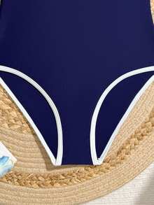 SHEIN Traje de baño de una pieza con doble tirante azul marino, lindo, casual y modesto para niña preadolescente, estilo elegante y sofisticado de dama, adecuado para vacaciones de verano, playa, y piscina - Azul Marino - Ver 6