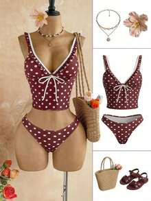 Soleia Women's White Polka Dot Print Deep V-Neck Bikini Set Beach Summer Cute - Brown - View 1