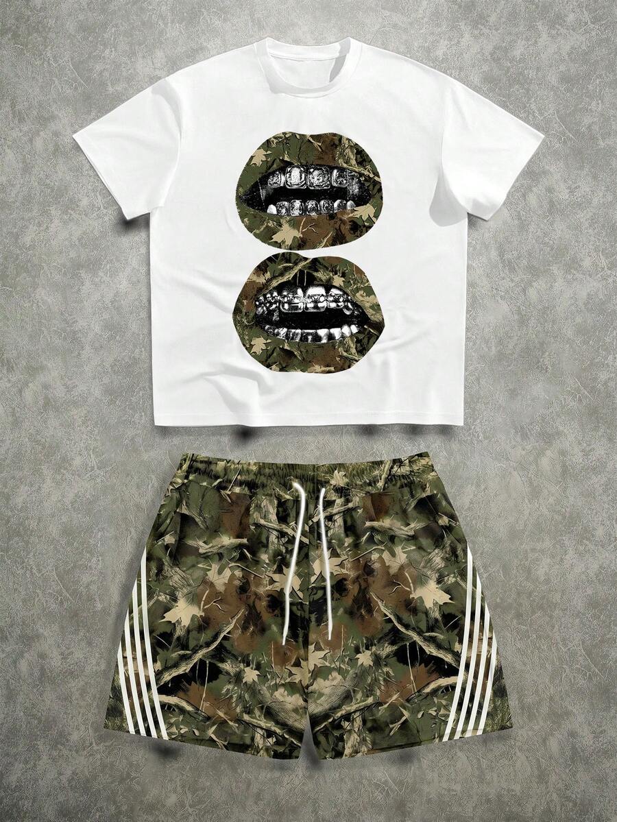 Manfinity ZONE917 Men's Lip Print Short Sleeve T-Shirt And Branch Print Drawstring Waist Shorts Casual Set - Army Green - View 1