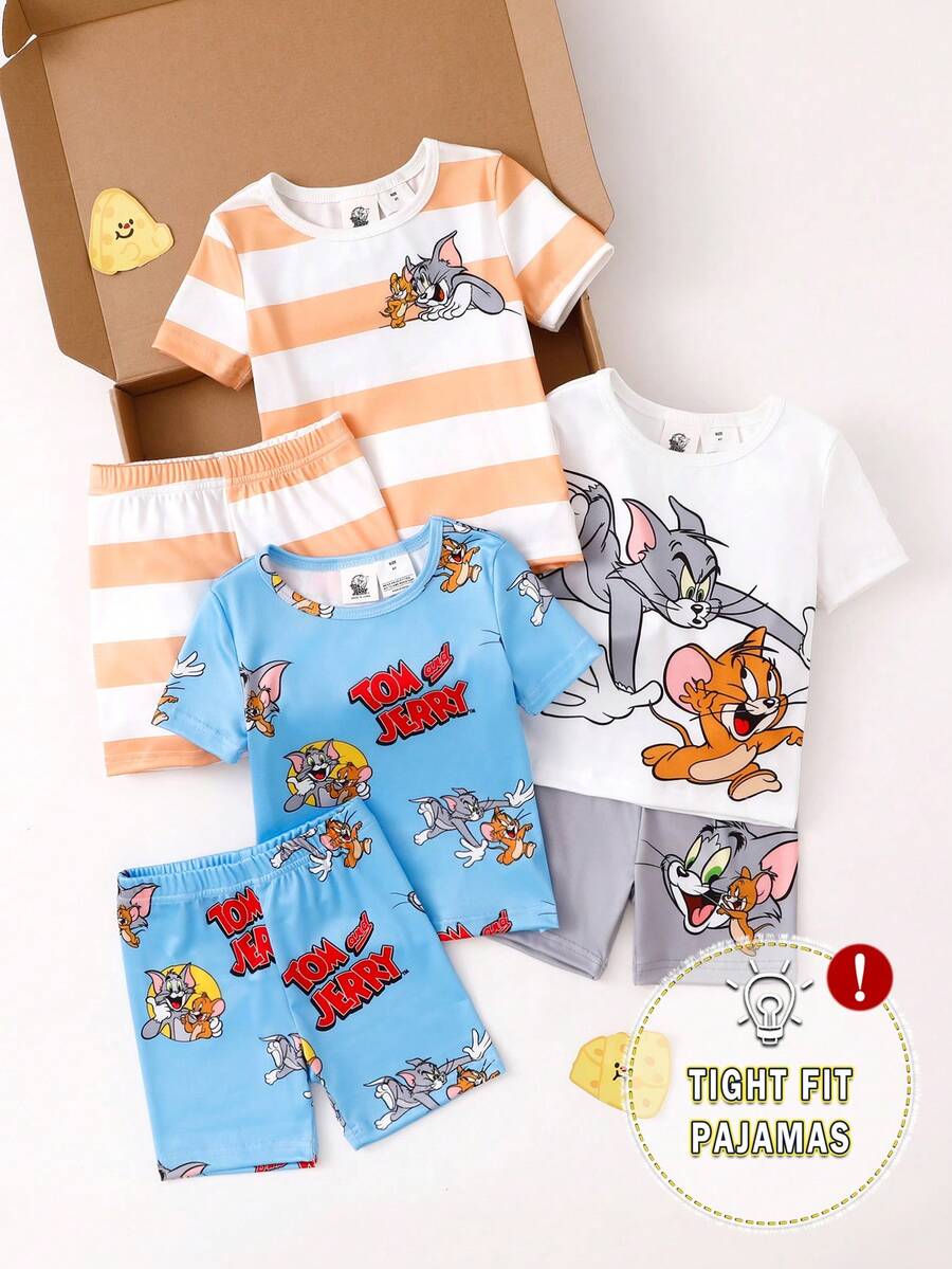TOM & JERRY X SHEIN GraphicGems 6件裝小男孩居家穿著藍橘條紋配白色灰色聯名印花柔軟舒適高彈性緊身睡衣夏季短袖上衣與短褲貼身款 - 彩色 - 查看 1