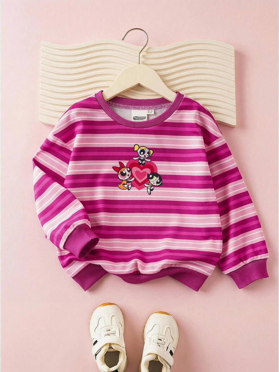 THE POWERPUFF GIRLS X SHEIN 1件女童休闲圆领条纹卫衣,适合外出和日常穿着 - 彩色 - 查看 1