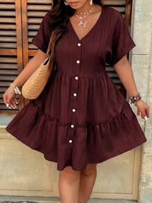 EMERY ROSE Plus Size V-Neck Textured Fabric Cap Sleeve Open Front A-Line Ruffle Multi-Layer Hem Casual Outing Vacation Commute Party Dress - Burgundy - View 3