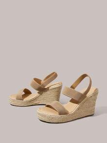 Styleloop Ladies Straw Hemp Rope Sole Electric Embroidery Upper Wedge Heel Platform Sandals Summer - Khaki - View 2