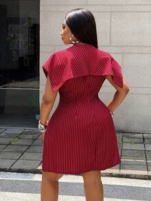 Maweii Plus Size Women's Burgundy Striped Lapel Collar Dress, Sleeveless Waist-Defining Slimming Short Blazer Dress, Suitable For Office Commute, Business Meetings, Mature Dating, Burgundy Fine Stripes With Vintage High-End Feel, Large Lapel Design For Crisp And Elegant Look. - Multicolor - View 2