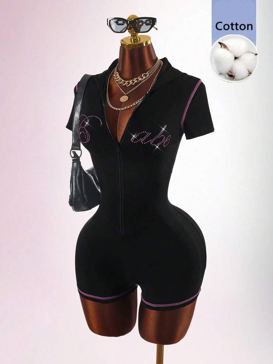 Amplova Rompi Mini Wanita Katun Murni dengan Resleting Depan dan Huruf Inggris, Pas Badan, Model Jumpsuit - Biru - View 1