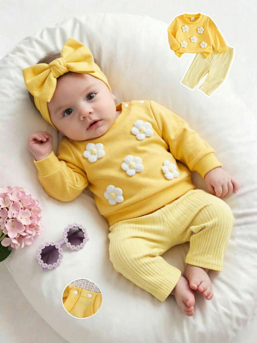 SHEIN Newborn Baby Girl Casual Sweet 3D Flower Sweatshirt And Ribbed Long Pants Set - Yellow - View 1