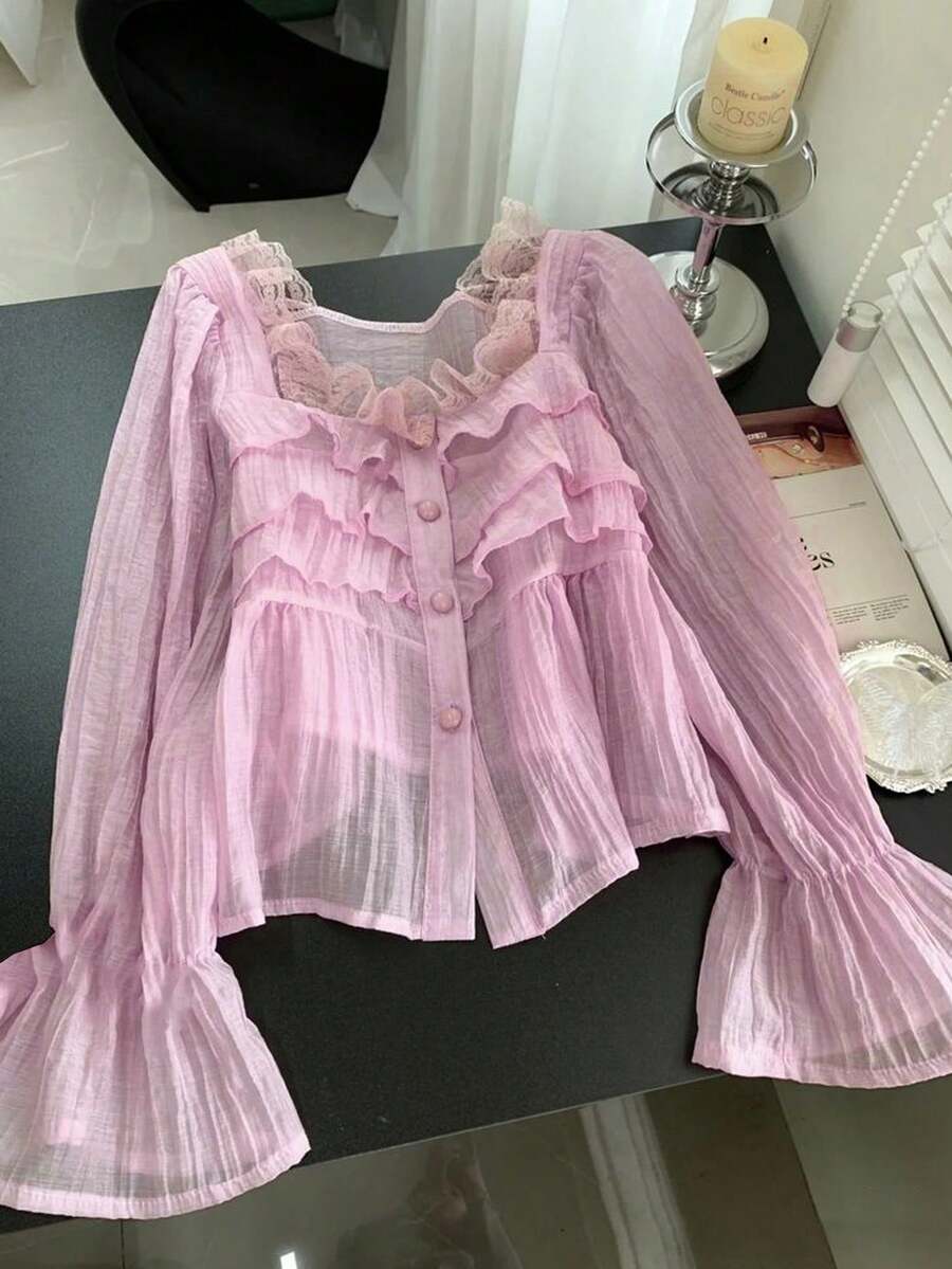 Livesso Women's Loose Fit Square Collar Ruffled Hem Pink Flare Sleeve Casual Blouse - Pink - View 1