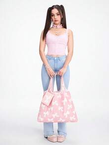 ROMWE Kawaii Bolsa de almacenamiento con estampado de lazos en todo el diseño, bolsa de compras plegable de gran capacidad y portátil con monedero - Rosado Sandía - Ver 2