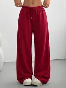 SHEIN Tall CURVE Pantalones de chándal holgados de unicolor con cordón en la cintura para tallas grandes - Rojo - Ver 3