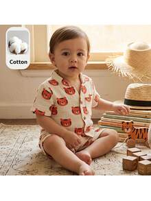 Loomiva Baby Boy Contrast Color Little Tiger Cartoon Pattern Round Neck Short Sleeve Button-Up Top And Elastic Waist Shorts 2-Piece Set - Apricot - View 8