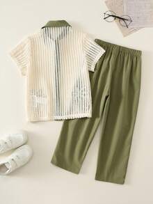 SHEIN 2pcs/Set Setelan Anak Laki-Laki Musim Panas Kemeja Lengan Pendek & Celana Panjang Hijau, Pakaian Liburan, Setelan Musim Panas, Setelan Anak Laki-Laki, Setelan Liburan, Setelan Hijau - MultiWarna - View 2