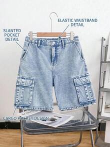 SHEIN Teen Boy Fashion Casual Y2k Light Blue Denim Cargo Pockets Designed Loose Denim Shorts For Teen Boy Clothes Boys Soft Dailywear And Teen Boy Summer And Spring Clothes - Blue - View 3