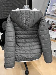 SHEIN 兒童青少年男童休閒連帽開襟長袖梭織冬季外套派克大衣，適合通勤、上學、日常休閒、度假旅行、運動，適用於秋冬季節，黑色 - 灰色 - 查看 5