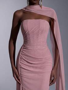 Elitara Dusty Pink Summer Elegant Formal Prom Wedding Bridesmaid Dress,Chiffon Strapless Shaping Mermaid Pleated Side Draped Detachable Multi-Way Wear Gown - Dusty Pink - View 7