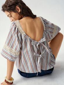 Bohemela Camisa holgada de mujer con volantes, patchwork de cinta tejida y unicolor casual - Albaricoque - Ver 6