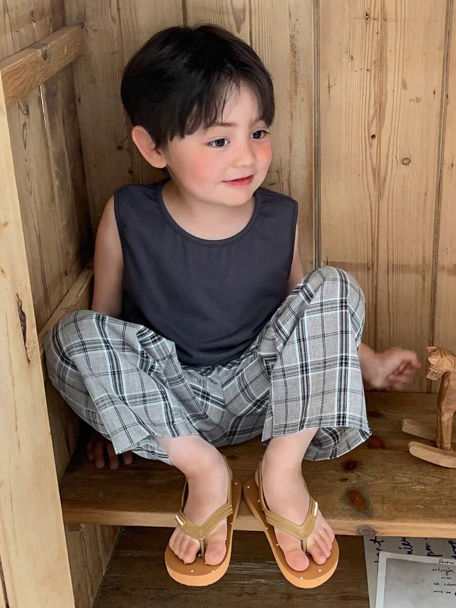 DAZY Infant/Toddler (Boy) Round Neck Solid Color Casual T-Shirt And Plaid Long Pants 2-Piece Set Summer - Grey - View 1