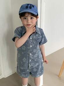 DAZY 嬰兒/幼兒(男童)翻領夏季清爽水洗牛仔襯衫與短褲2件套裝 - 藍色 - 查看 6