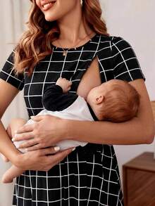 MaterniWear Maternity Grid Print Flare Hem Nursing Dress - Black and White - View 3